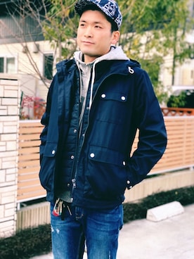 「H&M（エイチ・アンド・エム）のアイテム（マウンテンパーカー）」を使った、MA®さん（メンズ・181cm）の冬コーディネート