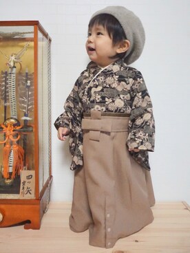 「着物」｜「アイテム（ハンチング/ベレー帽）」を使った、Ioriさん（キッズ・70cm）の春コーディネート