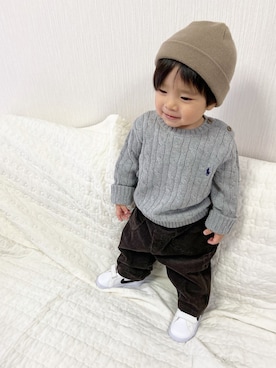 「RALPH LAUREN（ラルフ ローレン）のアイテム（ニット/セーター、グレー系）」を使った、Ioriさん（キッズ・70cm）の春コーディネート