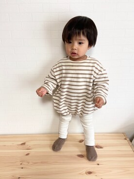 「韓国子供服のアイテム（カーディガン/ボレロ、ホワイト系）」を使った、Ioriさん（キッズ・70cm）の春コーディネート