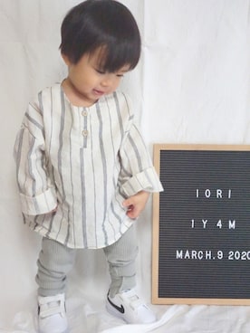 「韓国子供服のアイテム（シャツ/ブラウス、ホワイト系）」を使った、Ioriさん（キッズ・70cm）の春コーディネート