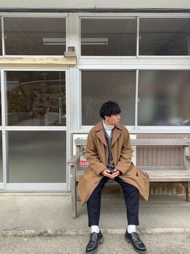 「パラブーツ」｜「アイテム（ステンカラーコート）」を使った、shunさん（メンズ・170cm）の冬コーディネート