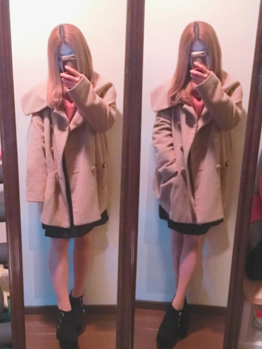 「コート、コートスタイル、girl、おしゃれさんと繋がりたい、ootd、フォローミー」｜「Newlymeの(ブーツ)　太ヒールシンプルショートブーツ【レディース】【通販】【チャンキーヒール】【大きいサイズ】【小さいサイズ】（ブーツ、ブラック系）」を使った、Hina❣さん（レディース・149cm）の冬コーディネートの1枚目の写真