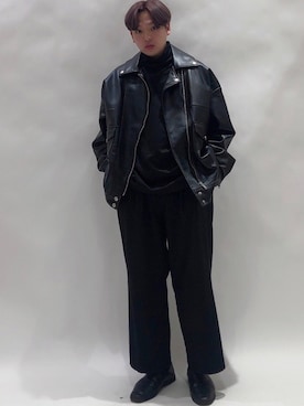 「韓国」｜「アイテム（ライダースジャケット）」を使った、꽃/hanangさん（メンズ・168cm）の冬コーディネート