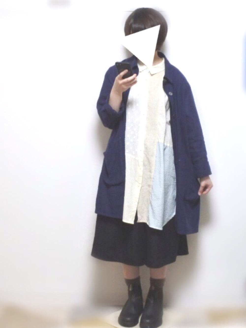 「雨の日コーデ、ゆるコーデ、白シャツ、パッチワーク、ワイドパンツ」｜「POU DOU DOUのパッチワークシャツワンピース（シャツワンピース、ホワイト系）」を使った、Moo＊さん（レディース・145cm）の夏コーディネートの1枚目の写真