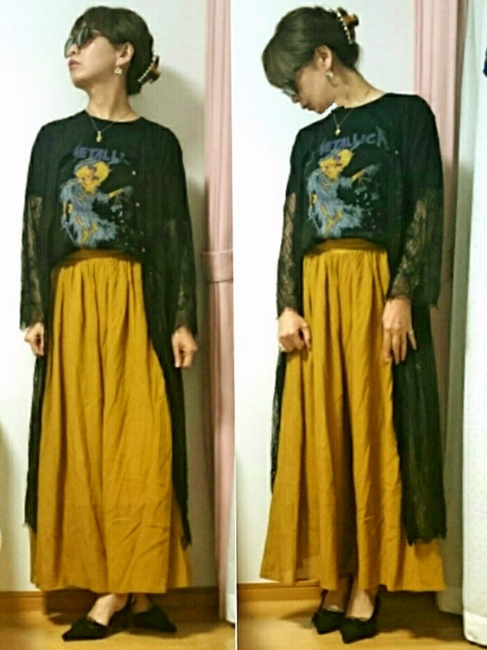 ブラック系のTシャツ/カットソー、イエロー系のその他パンツ、ブラック系のカーディガン/ボレロを着用したレディースの春コーディネートの1枚目の写真