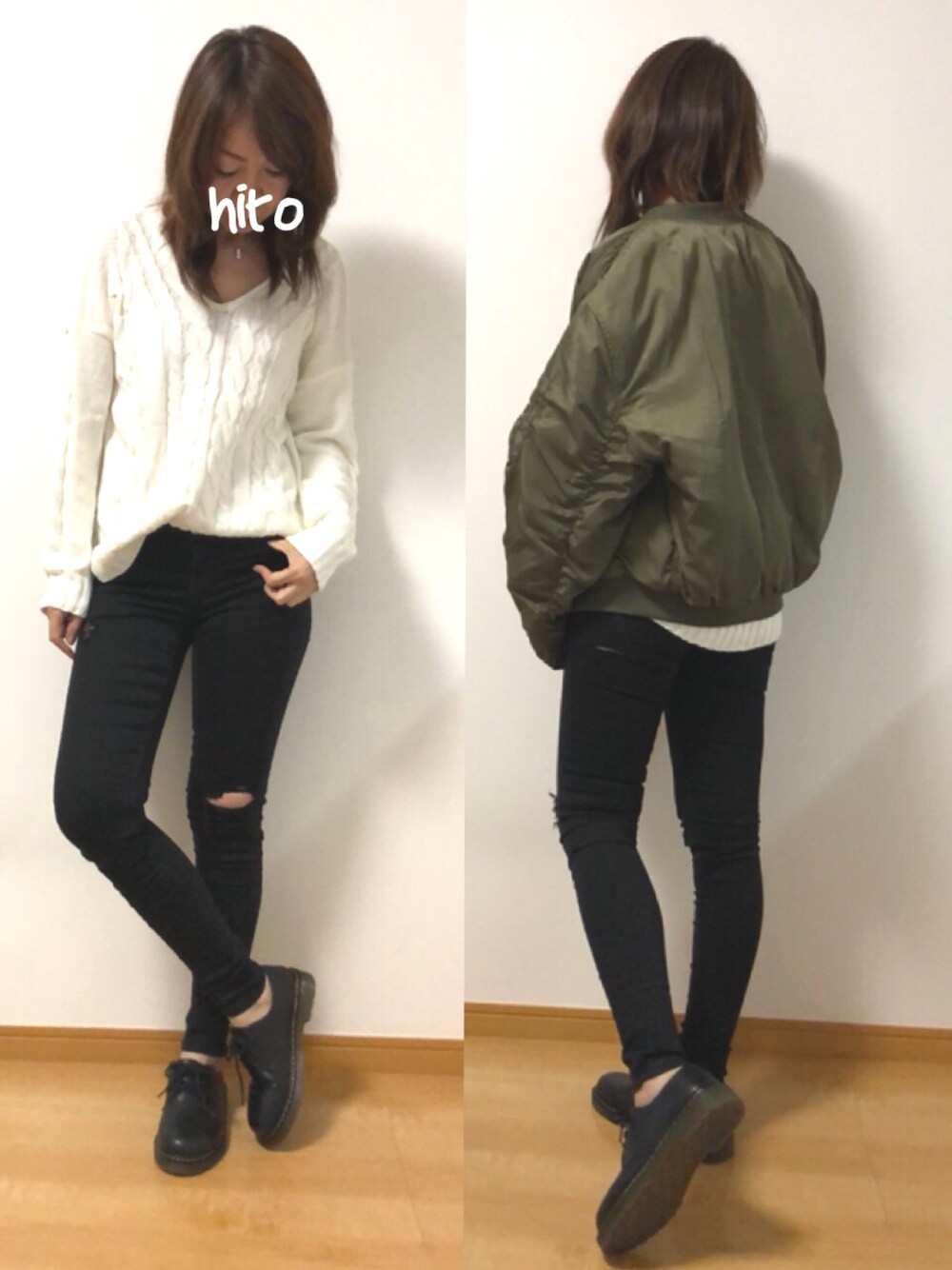 ブラック系のその他パンツ、グリーン系のMA-1、ブラック系のドレスシューズを着用したレディースの秋コーディネートの1枚目の写真