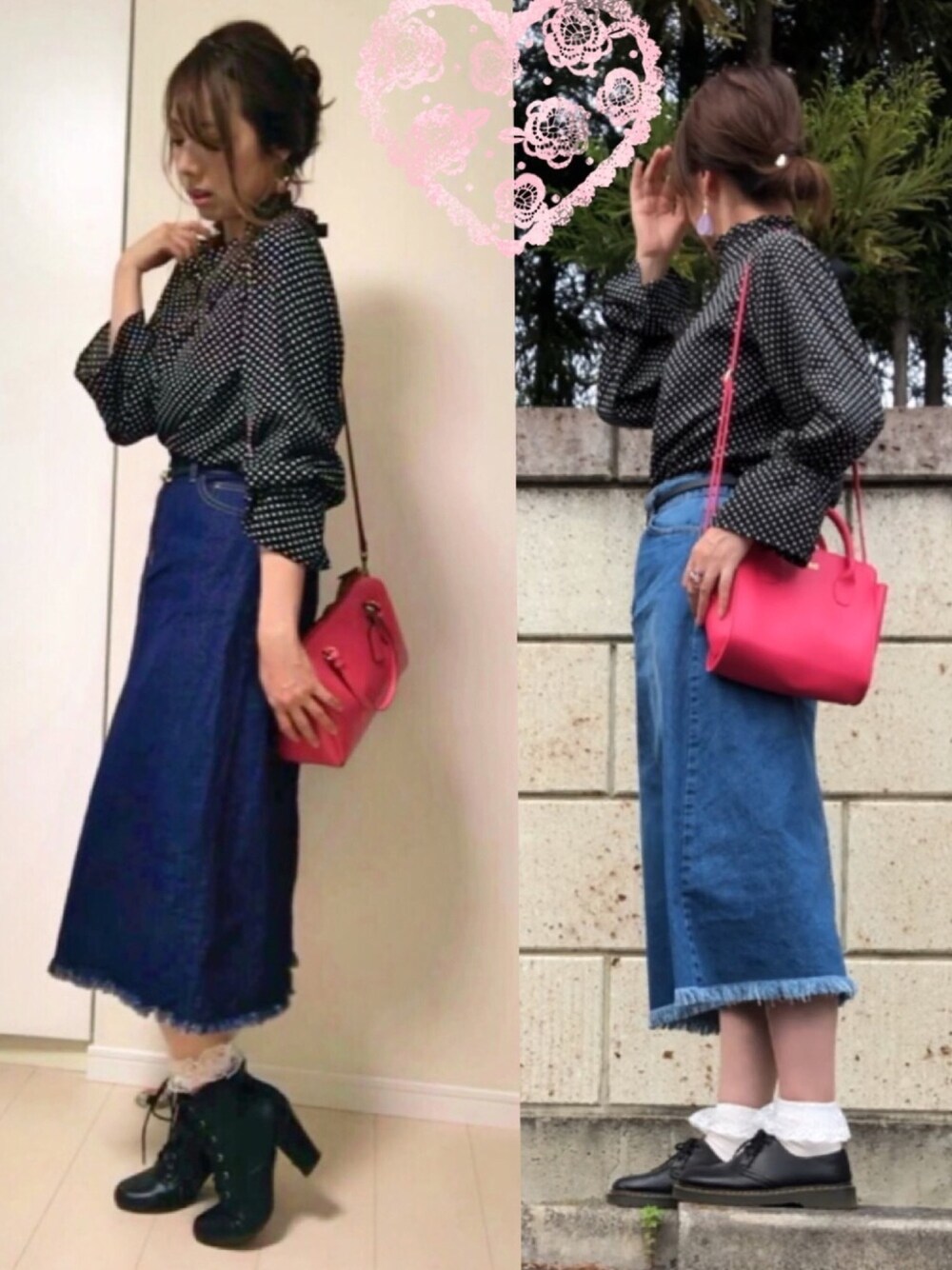 「仲良しリンクフェス、ドット柄、デニムスカート、切りっぱなし、紫小物、ピンク差し色、アップスタイル、ピアスお気に入り、リンクコーデ」｜「KOBE LETTUCEの[無地/ドット柄]バックリボンデザインフリルカラーキャンディースリーブブラウス/レディーストップス/神戸レタス[C2911]（シャツ/ブラウス、ブラック系）」を使った、hito さん（レディース・164cm）の春コーディネートの1枚目の写真