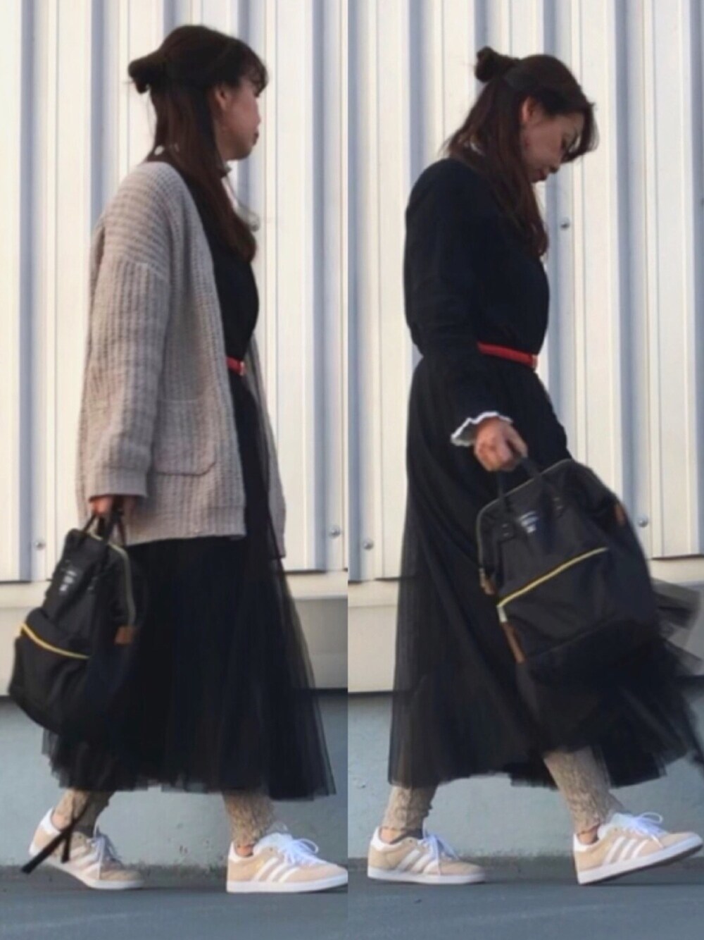 ブラック系のスカート、ベージュ系のカーディガン/ボレロ、ブラック系のシャツ/ブラウスを着用したレディースの春コーディネートの1枚目の写真