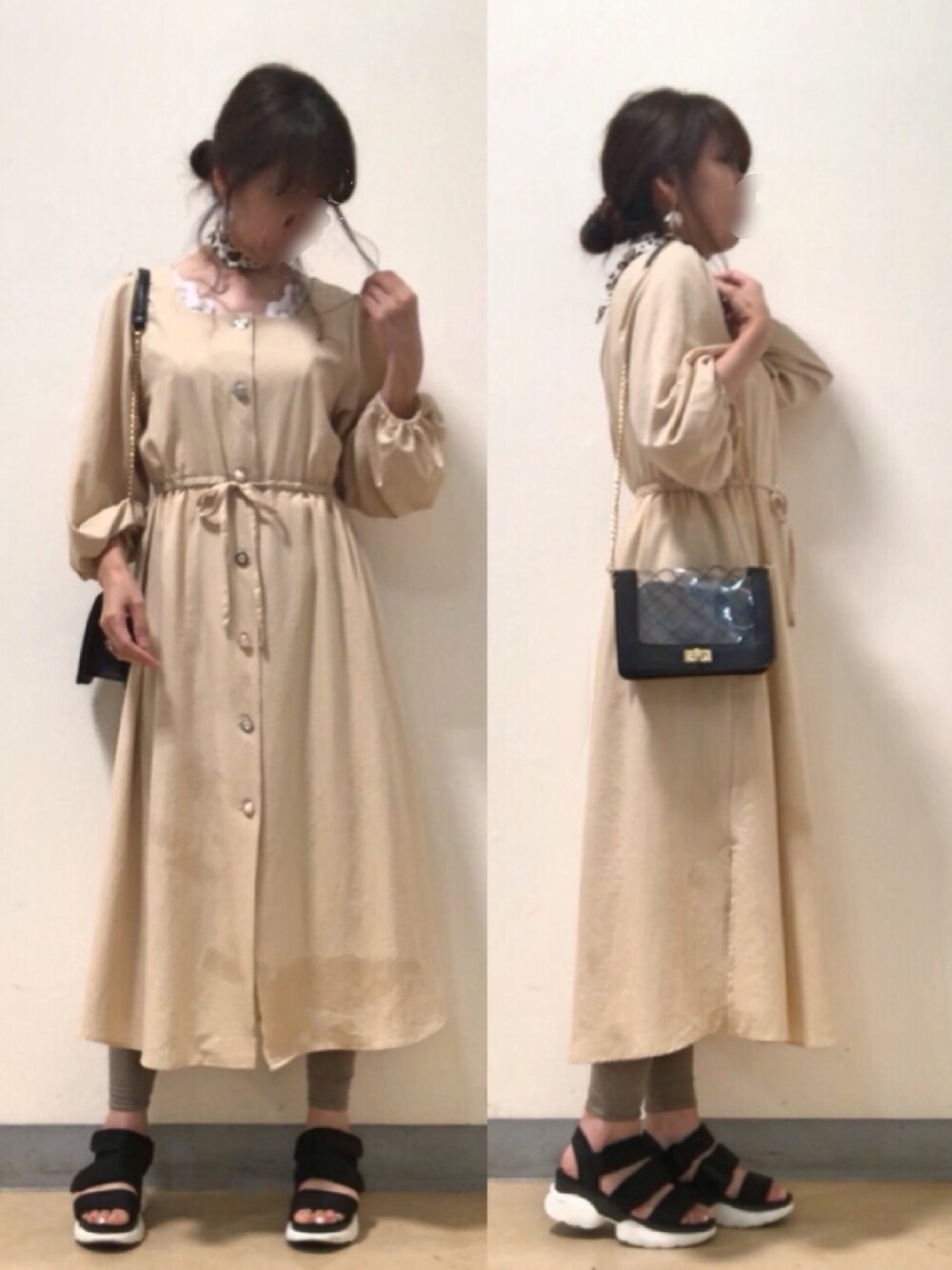 ベージュ系のワンピース、ブラック系のショルダーバッグ、ホワイト系のキャミソールを着用したレディースの夏コーディネートの1枚目の写真