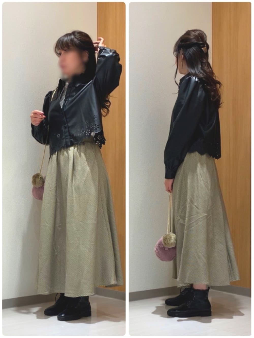 「レースアップシューズ、秋コーデ、大人女子、レザージャケット、アダルトおカワたん部、我が道をゆく隊、アパレル店員、ザラジョ、千鳥柄スカート」｜「AZUL by moussyの千鳥柄タックギャザーフレアスカート（スカート、ベージュ系）」を使った、hito さん（レディース・164cm）の秋コーディネートの1枚目の写真
