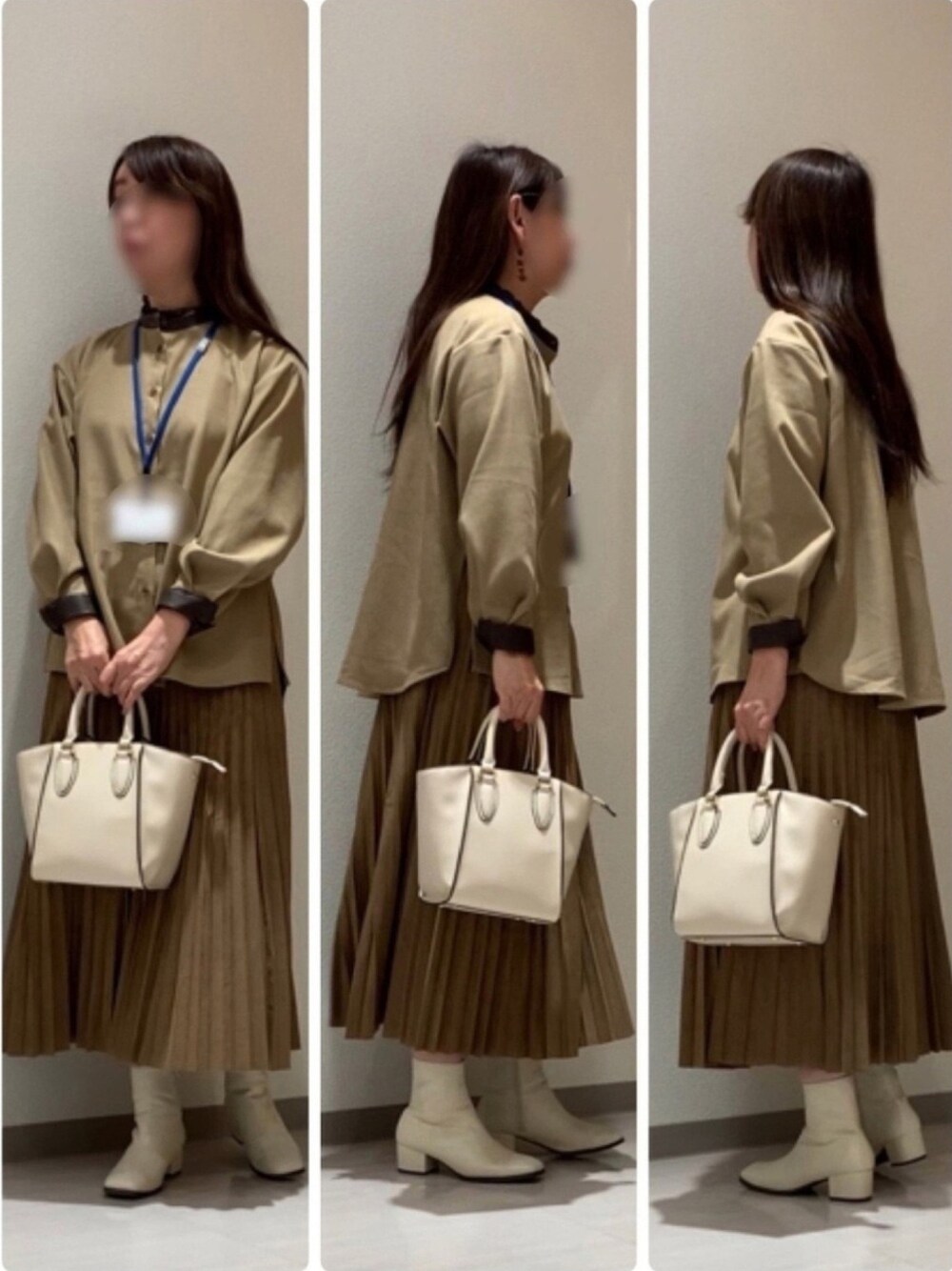 ブラウン系のシャツ/ブラウス、ブラウン系のスカート、ホワイト系のショルダーバッグを着用したレディースの冬コーディネートの1枚目の写真