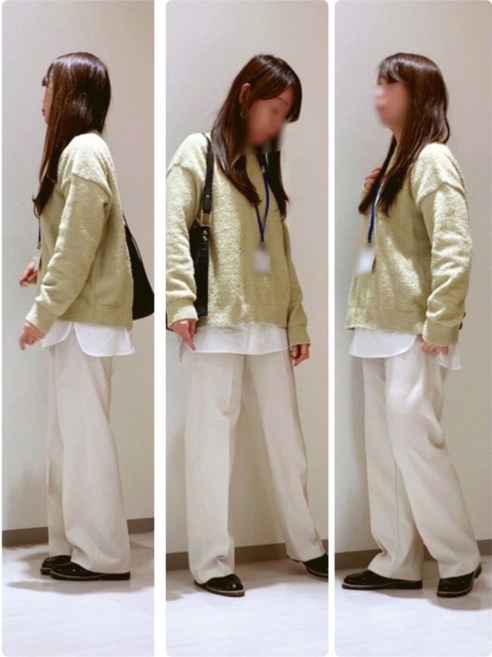 グリーン系のニット/セーター、ホワイト系のパンツ、ブラック系のローファーを着用したレディースの冬コーディネートの1枚目の写真