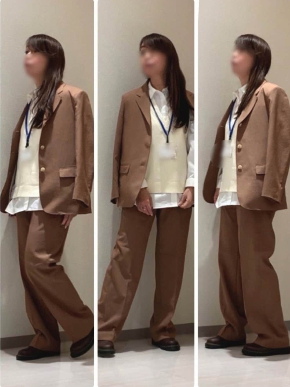 ブラウン系のテーラードジャケット、ブラウン系のパンツ、ベージュ系のニット/セーターを着用したレディースの冬コーディネートの1枚目の写真