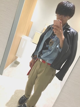 「Right-on（ライトオン）のアイテム（ライダースジャケット）」を使った、Takeruさん（メンズ・172cm）の秋コーディネート