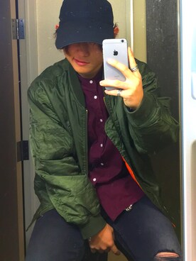 「ノーカラーシャツ」｜「アイテム（MA-1）」を使った、丸太郎さん（メンズ・166cm）の冬コーディネート