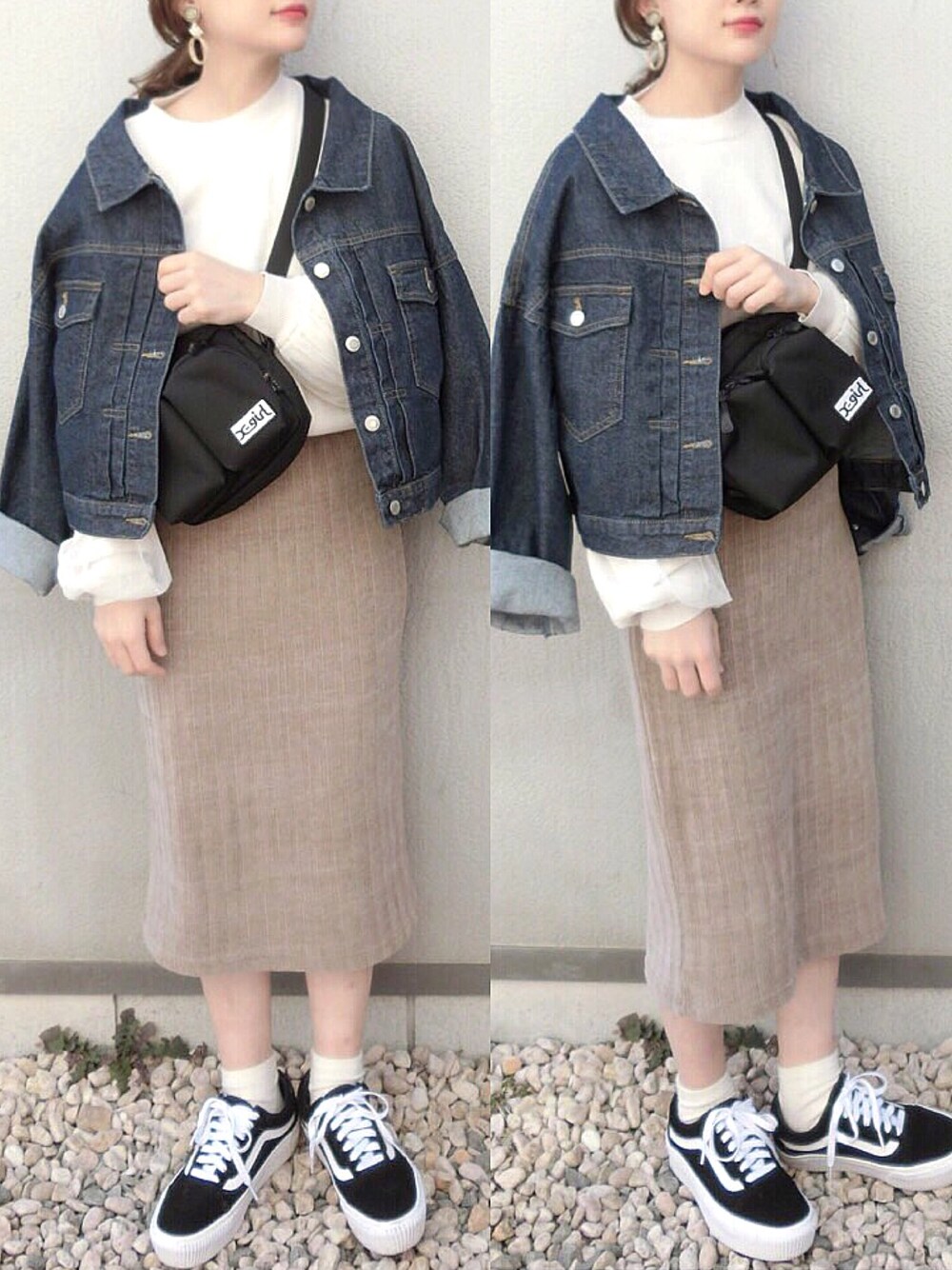「春コーデ、Gジャン、デニムジャケット、タイトスカート、カジュアルコーデ、シンプルコーデ、VANS、ショルダーバッグ、春色、スニーカー」｜「DHOLICのソリッドカラーショートソックス（ソックス/靴下、ホワイト系）」を使った、chicchimoさん（レディース・152cm）の春コーディネートの1枚目の写真