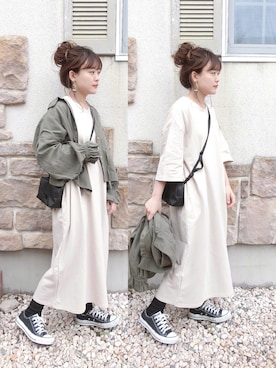 「Chaco closet（チャコ クローゼット）のバルーンスリーブ7分袖ポケット付きミニ裏毛Aラインスウェットワンピース（ワンピース）」を使った、chicchimoさん（レディース・152cm）の春コーディネート