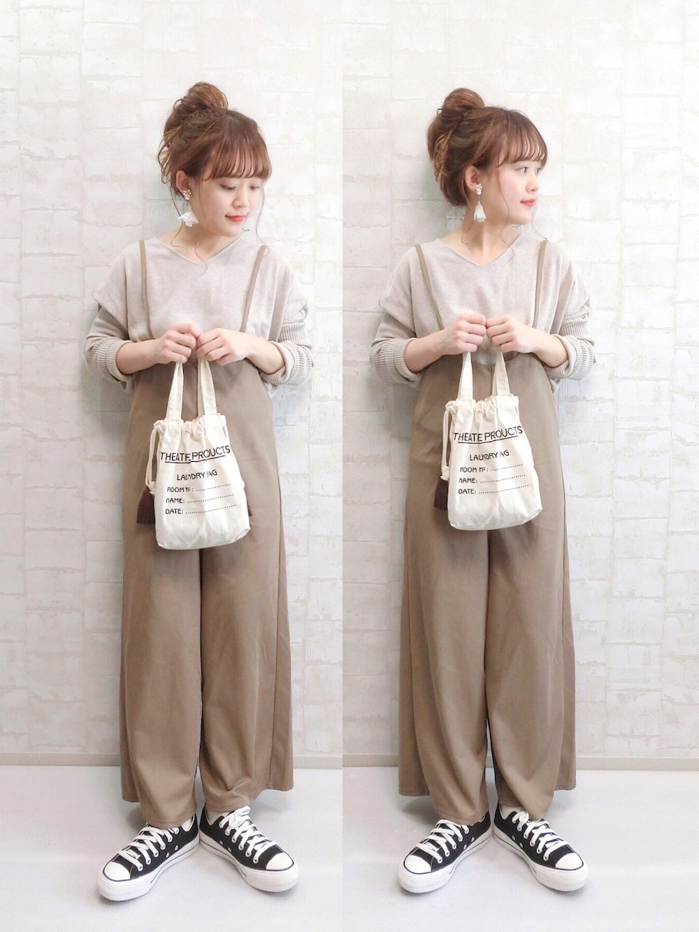 ベージュ系のニット/セーター、ベージュ系のセットアップ、ベージュ系のエコバッグ/サブバッグを着用したレディースの夏コーディネートの1枚目の写真