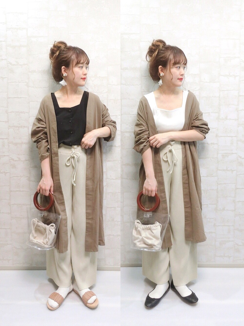 グリーン系のカーディガン/ボレロ、ベージュ系のその他パンツ、ブラック系のバレエシューズを着用したレディースの夏コーディネートの1枚目の写真