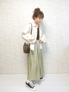 「アイテム（ライダースジャケット、ホワイト系）」を使った、chicchimoさん（レディース・152cm）の春コーディネート