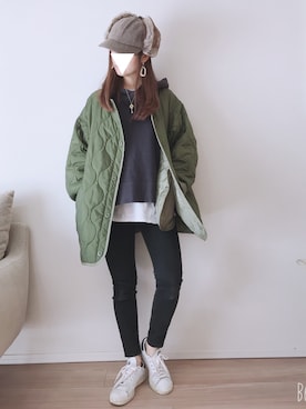 「カーキアウター」｜「アイテム（ノーカラージャケット）」を使った、kumikoroさん（レディース・161cm）の冬コーディネート