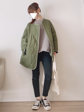 「カーキアウター」｜「アイテム（ノーカラージャケット）」を使った、kumikoroさん（レディース・161cm）の秋コーディネート