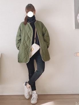「カーキアウター」｜「アイテム（ノーカラージャケット）」を使った、kumikoroさん（レディース・161cm）の冬コーディネート