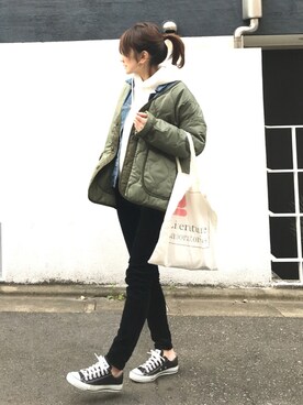 「FREAK'S STORE（フリークスストア）の【WEB限定】ビッグシルエット 12ozヘビーウェイトスウェット プルオーバーパーカー（パーカー）」を使った、ＬＵＭＩＥさん（レディース・163cm）の冬コーディネート