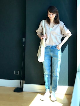 「PAULOWNIA（ポロウニア）のサージカルステンレスフープピアス（ピアス（両耳用））」を使った、ＬＵＭＩＥさん（レディース・163cm）の春コーディネート