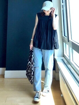 「BEAUTY&YOUTH UNITED ARROWS（ビューティーアンドユースユナイテッドアローズ）のBY∴ ロゴレオパードパーテーショントート ◆（トートバッグ）」を使った、ＬＵＭＩＥさん（レディース・163cm）の夏コーディネート