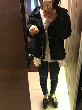 「GU（ジーユー）のアイテム（マウンテンパーカー、ブルー系）」を使った、aozoraさん（レディース・153cm）の春コーディネート