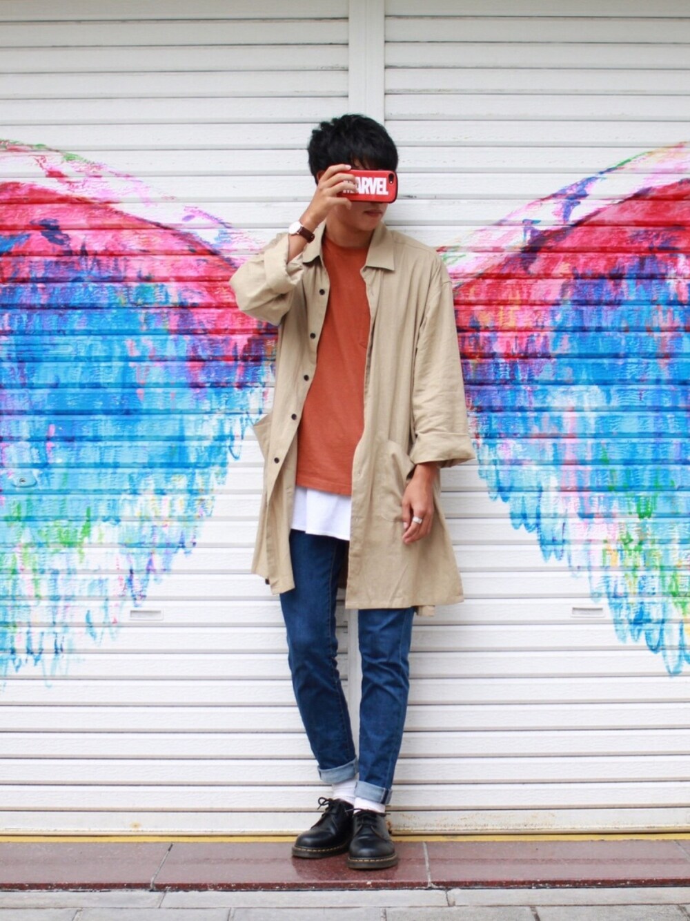 「シンプルコーデ、秋のコーデ、おしゃれさんと繋がりたい、お洒落さんとつながりたい」｜「WEGOのWEGO/コットンリネンロングシャツ（シャツ/ブラウス、ベージュ系）」を使った、みたらしさん（メンズ・173cm）の秋コーディネートの1枚目の写真