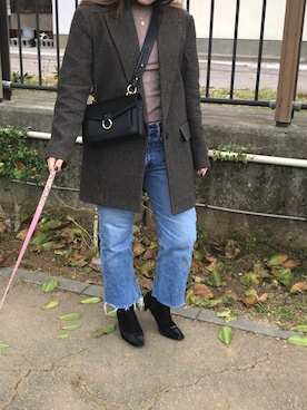 「ZARA（ザラ）のアイテム（チェスターコート、ブラウン系）」を使った、Lanaさん（レディース・165cm）の冬コーディネート