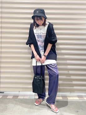 「PBLIM（ページボーイリム）のPAGEBOYLIM/ロゴ刺繍バケットハット2（ハット）」を使った、lucaさん（レディース・161cm・20代）の春コーディネート