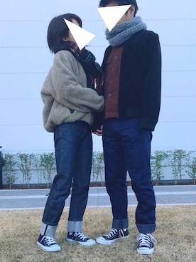 「カップル」｜「アイテム（ブルゾン）」を使った、makįさん（レディース・157cm）の冬コーディネート