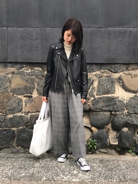「グレンチェック」｜「アイテム（ライダースジャケット）」を使った、makįさん（レディース・157cm）の秋コーディネート