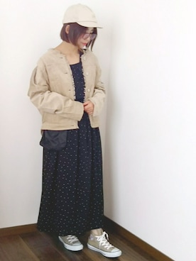 「ドットワンピ」｜「アイテム（ノーカラージャケット）」を使った、yakkoさん（レディース・152cm）の秋コーディネート