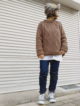 「CIAOPANIC TYPY（チャオパニックティピー）のケーブルプルオーバーニット（ニット/セーター）」を使った、yakkoさん（レディース・152cm）の冬コーディネート