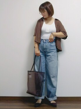 「UNIQLO（ユニクロ）のハイライズワイドストレートジーンズ（デニムパンツ）」を使った、yakkoさん（レディース・152cm）の夏コーディネート