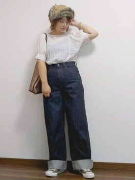 「LEPSIM（レプシィム）の2P ウッドバングル　837799（バングル/リストバンド）」を使った、yakkoさん（レディース・152cm）の秋コーディネート