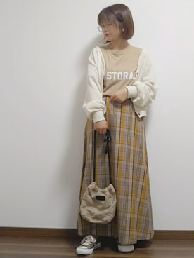 「CONVERSE（コンバース）の【CONVERSE】キルトリバ巾着（ショルダーバッグ）」を使った、yakkoさん（レディース・152cm）の秋コーディネート