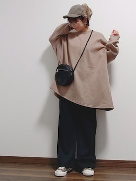 「リブニットパンツ」｜「アイテム（ワンピース/ドレス）」を使った、yakkoさん（レディース・152cm）の冬コーディネート