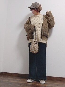 「CONVERSE（コンバース）の【CONVERSE】キルトリバ巾着（ショルダーバッグ）」を使った、yakkoさん（レディース・152cm）の冬コーディネート