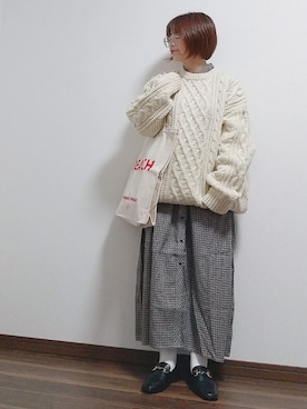 「ケーブルニット」｜「アイテム（シャツワンピース）」を使った、yakkoさん（レディース・152cm）の秋コーディネート