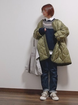 「エコバッグ」｜「アイテム（ミリタリージャケット）」を使った、yakkoさん（レディース・152cm）の冬コーディネート
