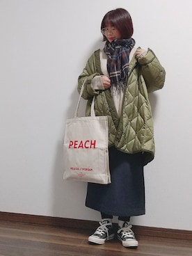 「チェックマフラー」｜「アイテム（ミリタリージャケット）」を使った、yakkoさん（レディース・152cm）の冬コーディネート