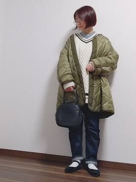 「ケーブルニット」｜「アイテム（ミリタリージャケット）」を使った、yakkoさん（レディース・152cm）の冬コーディネート
