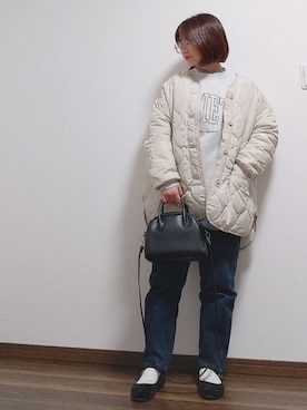 「niko and...（ニコアンド）のアイテム（ノーカラージャケット）」を使った、yakkoさん（レディース・152cm）の冬コーディネート