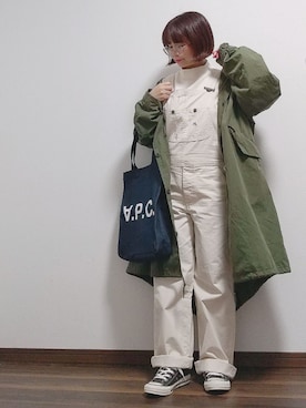 「オールホワイト」｜「アイテム（モッズコート）」を使った、yakkoさん（レディース・152cm）の春コーディネート